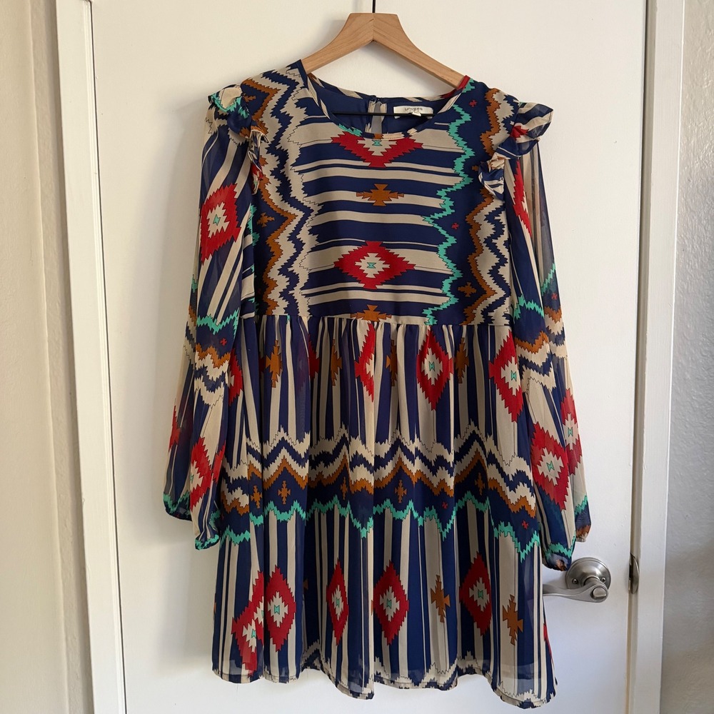 Umgee Geometric Ruffle Babydoll Mini Dress Large Whimsical Flowy Unique Fall